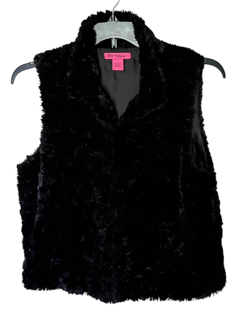 Betsey Johnson Black Faux Fur High Neck Lined Vest with Pockets Size Medium